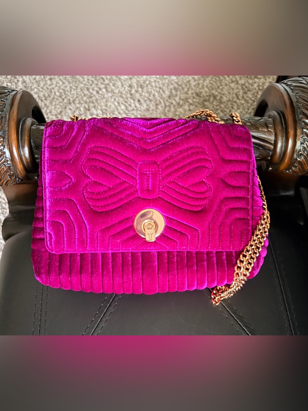 Ted Baker Fuchsia Quilted Velvet Shoulder Bag with Gold Chain